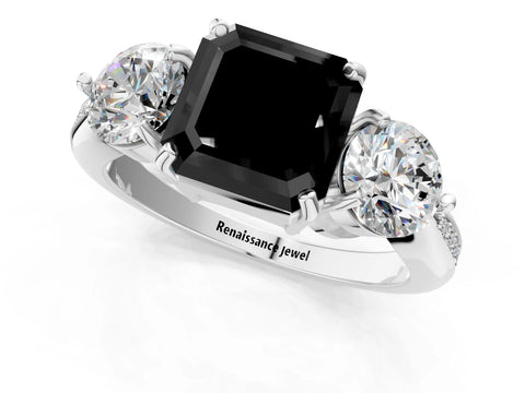 White gold Three-Stone Fancy Black Asscher Cut Diamond Channel Set Engagement Ring with Prong Setting_1
