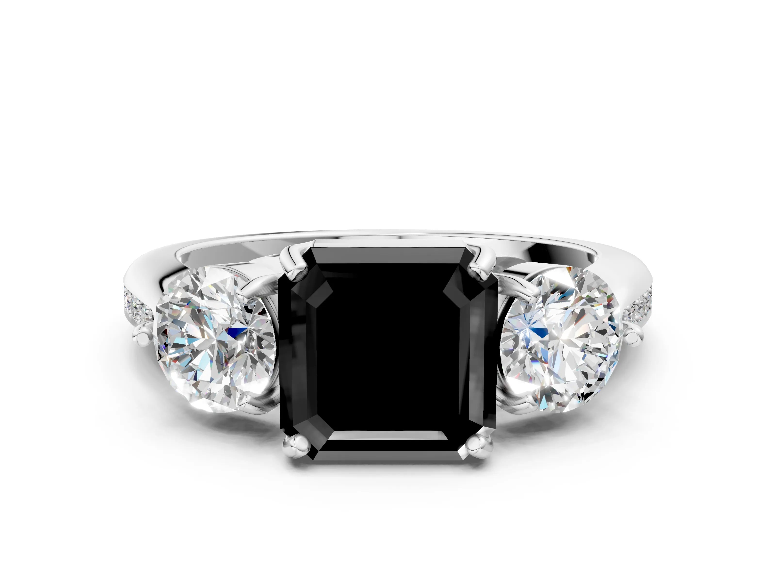 White gold Three-Stone Fancy Black Asscher Cut Diamond Channel Set Engagement Ring with Prong Setting