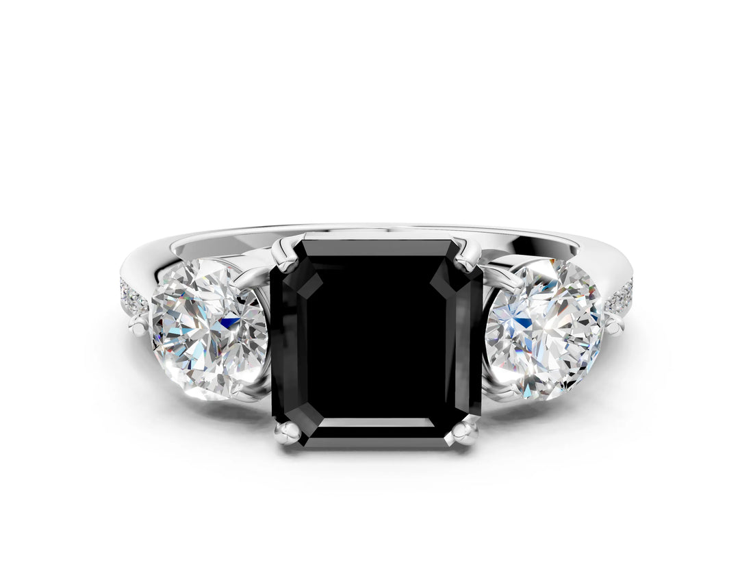 White gold Three-Stone Fancy Black Asscher Cut Diamond Channel Set Engagement Ring with Prong Setting