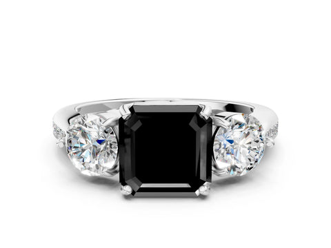 White gold Three-Stone Fancy Black Asscher Cut Diamond Channel Set Engagement Ring with Prong Setting