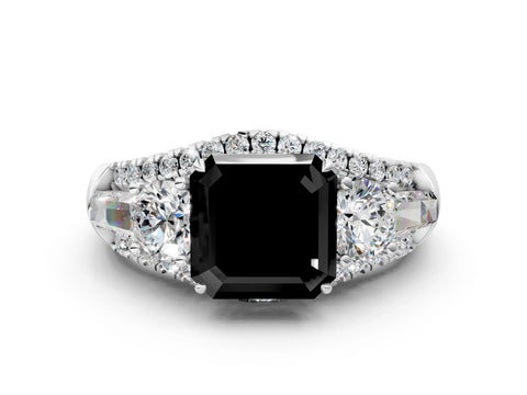 White gold Three-Stone Fancy Black Asscher Cut Diamond Engagement Ring with Pave Band and Prong Setting_12