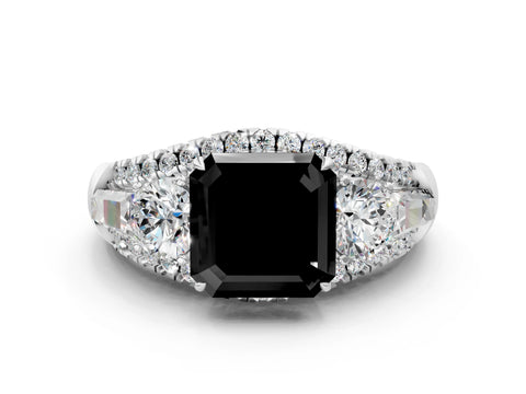 White gold Three-Stone Fancy Black Asscher Cut Diamond Engagement Ring with Pave Band and Prong Setting_12