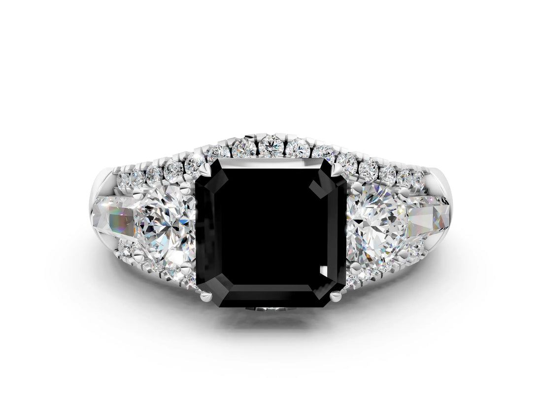 White gold Three-Stone Fancy Black Asscher Cut Diamond Engagement Ring with Pave Band and Prong Setting_12
