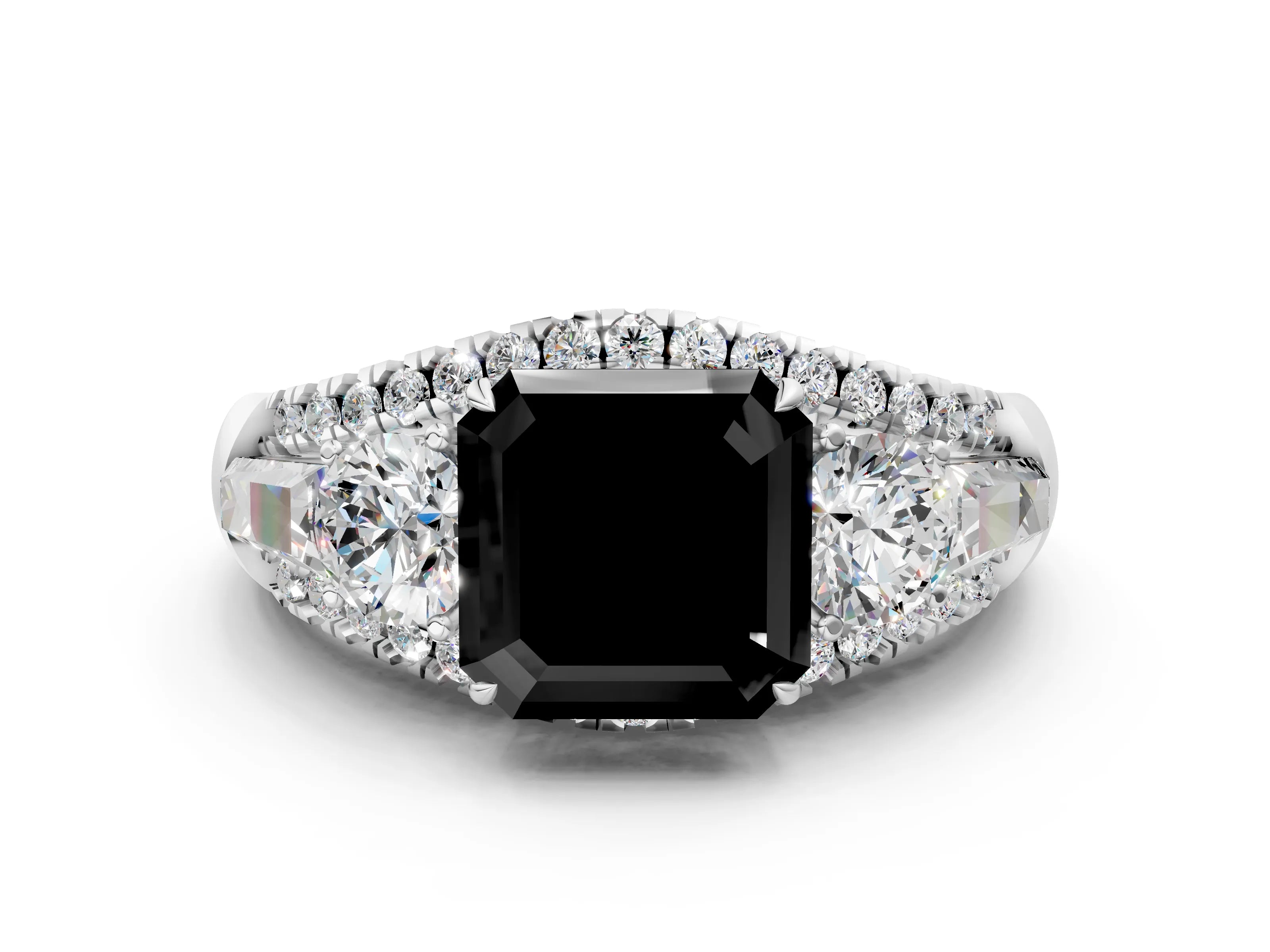 White gold Three-Stone Fancy Black Asscher Cut Diamond Engagement Ring with Pave Band and Prong Setting_12