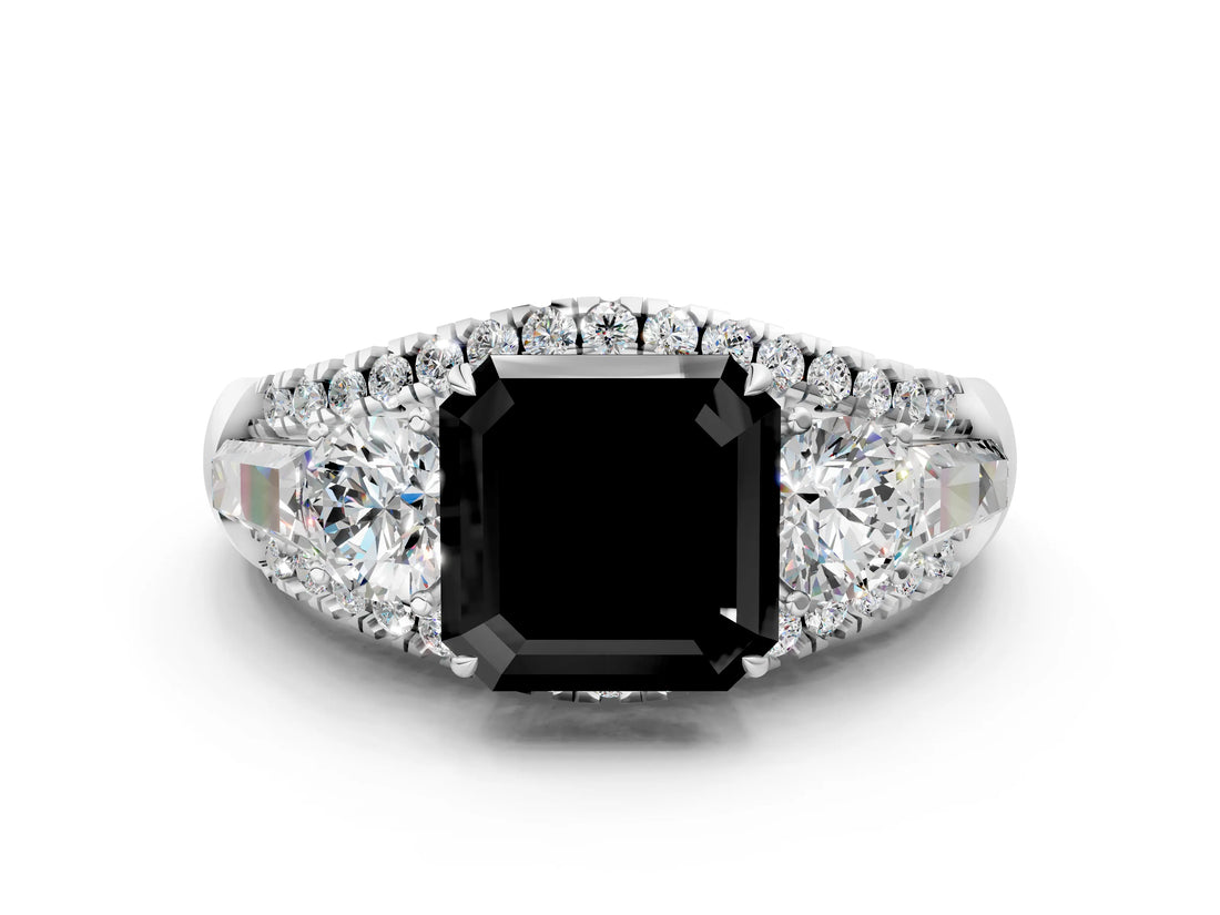 White gold Three-Stone Fancy Black Asscher Cut Diamond Engagement Ring with Pave Band and Prong Setting_12