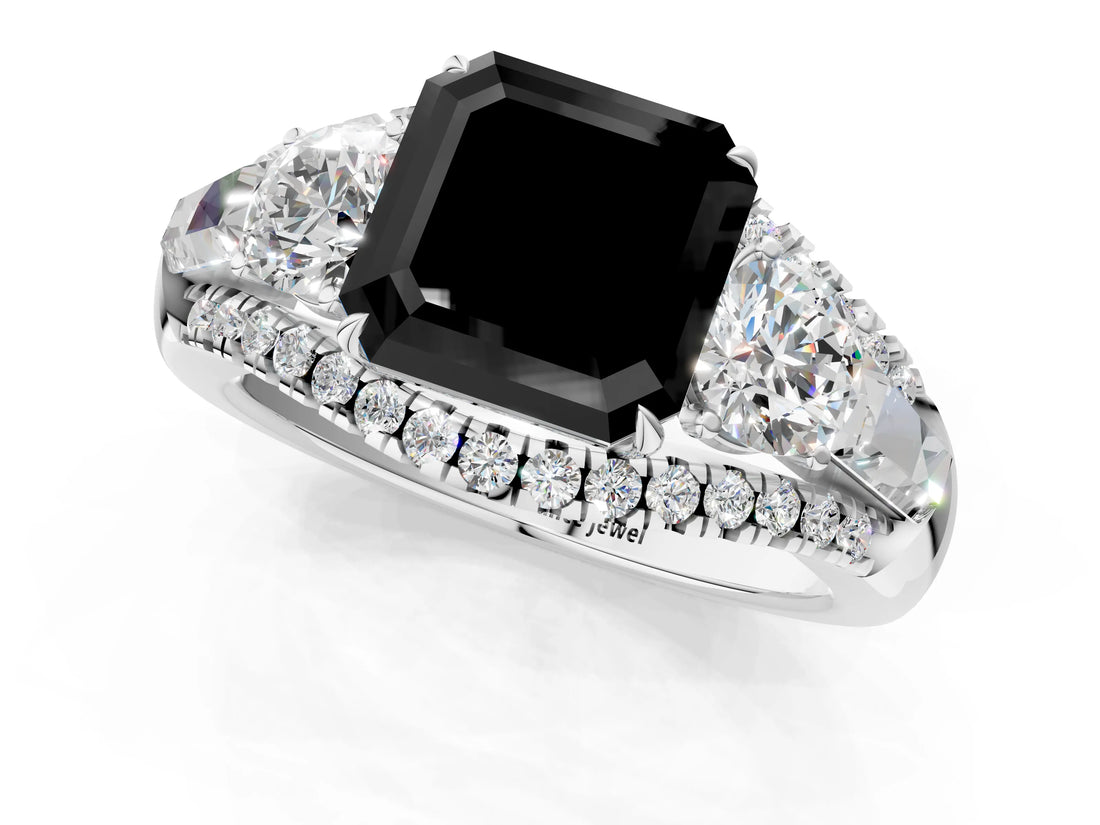 White gold Three-Stone Fancy Black Asscher Cut Diamond Engagement Ring with Pave Band and Prong Setting_13