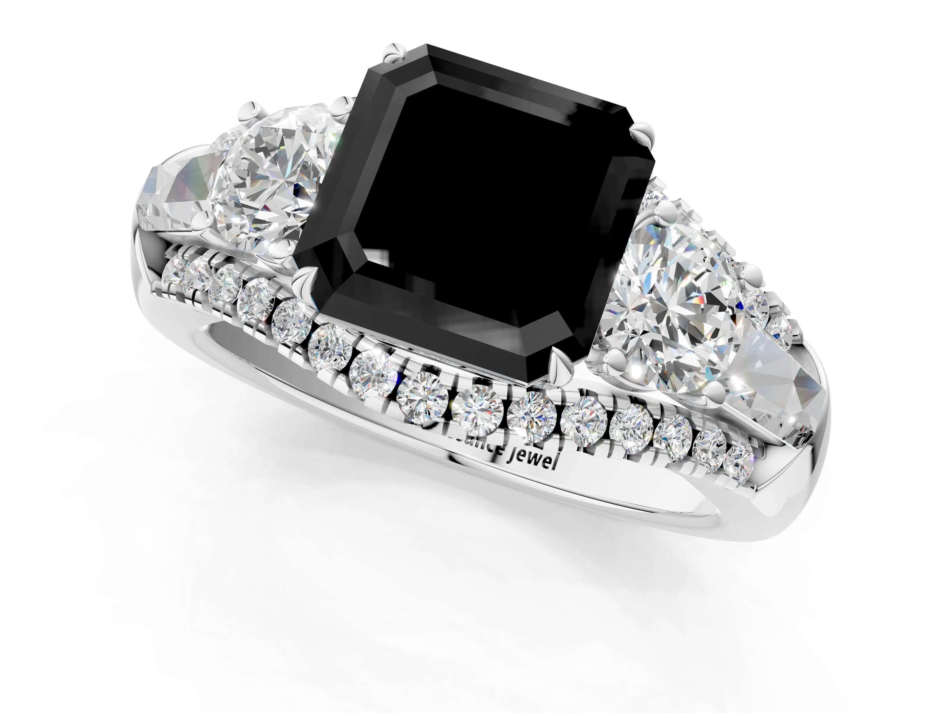 White gold Three-Stone Fancy Black Asscher Cut Diamond Engagement Ring with Pave Band and Prong Setting_13