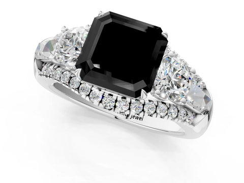 White gold Three-Stone Fancy Black Asscher Cut Diamond Engagement Ring with Pave Band and Prong Setting_13