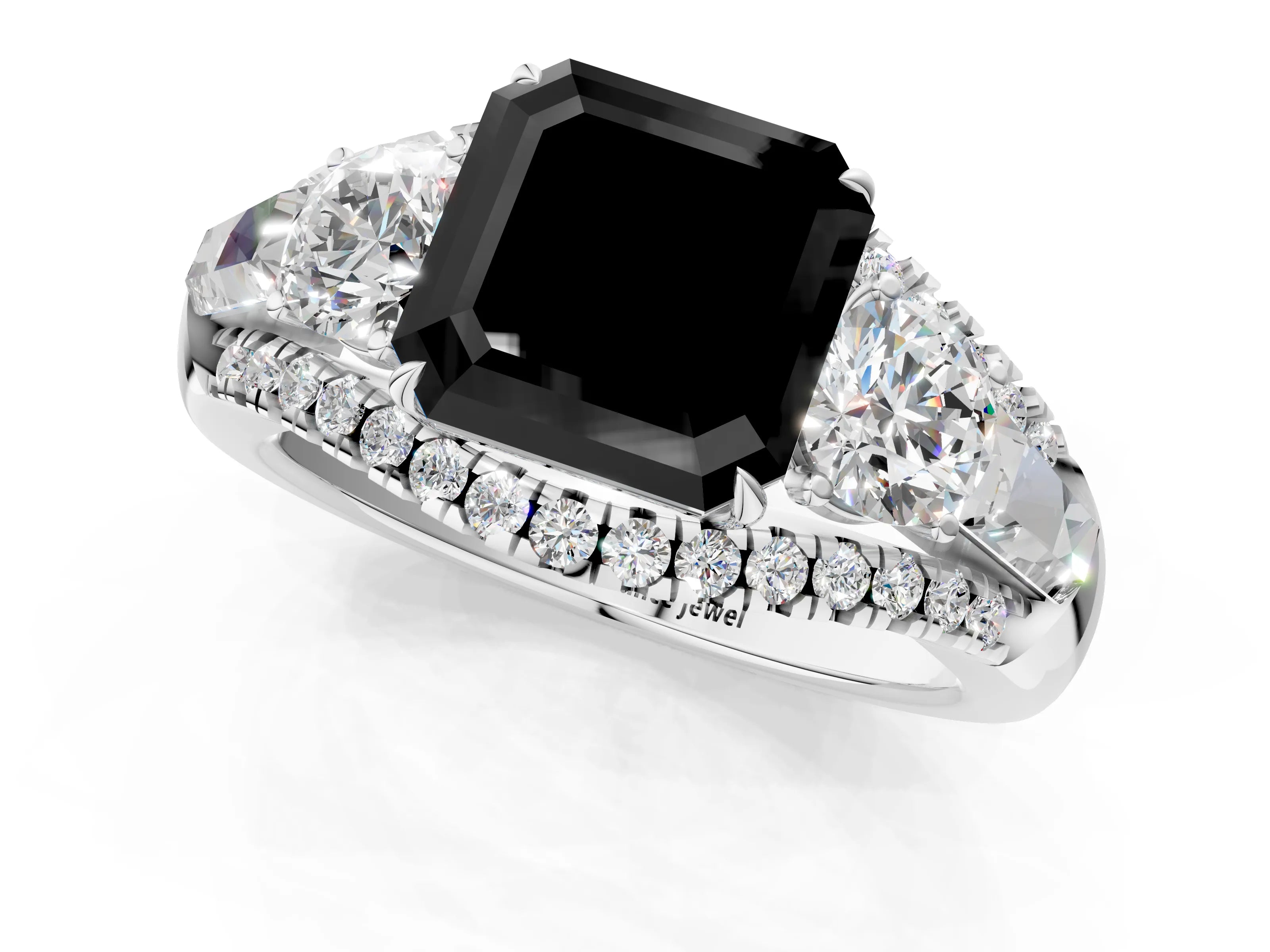 White gold Three-Stone Fancy Black Asscher Cut Diamond Engagement Ring with Pave Band and Prong Setting_13