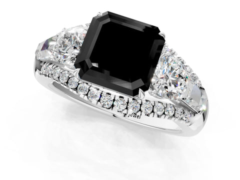 White gold Three-Stone Fancy Black Asscher Cut Diamond Engagement Ring with Pave Band and Prong Setting_13