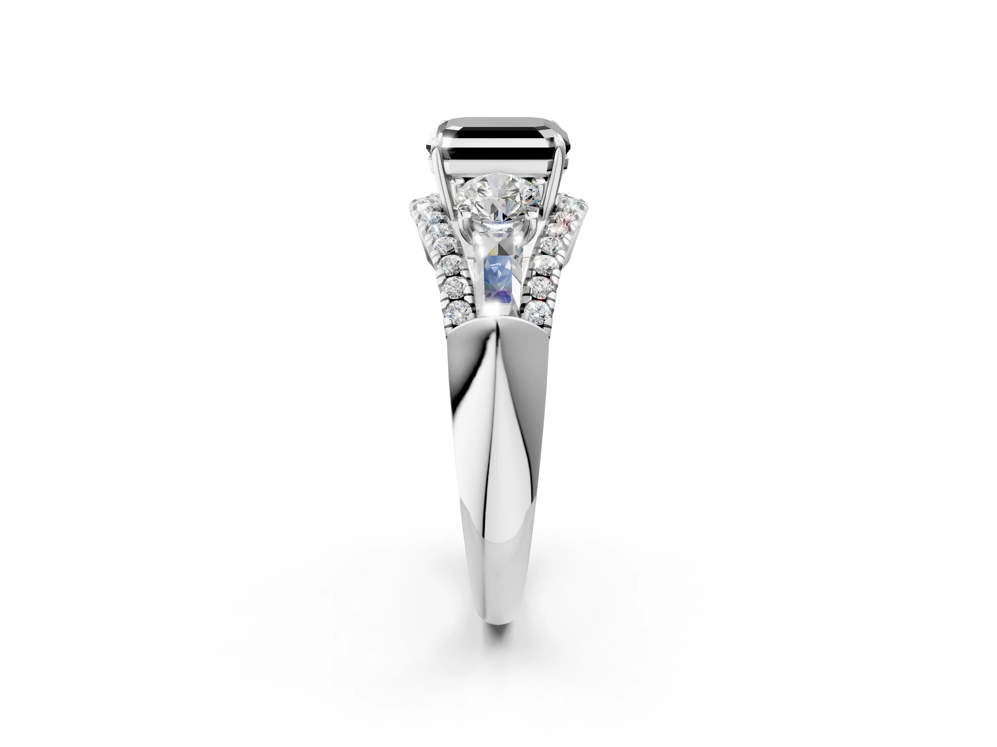White gold Three-Stone Fancy Black Asscher Cut Diamond Engagement Ring with Pave Band and Prong Setting_14