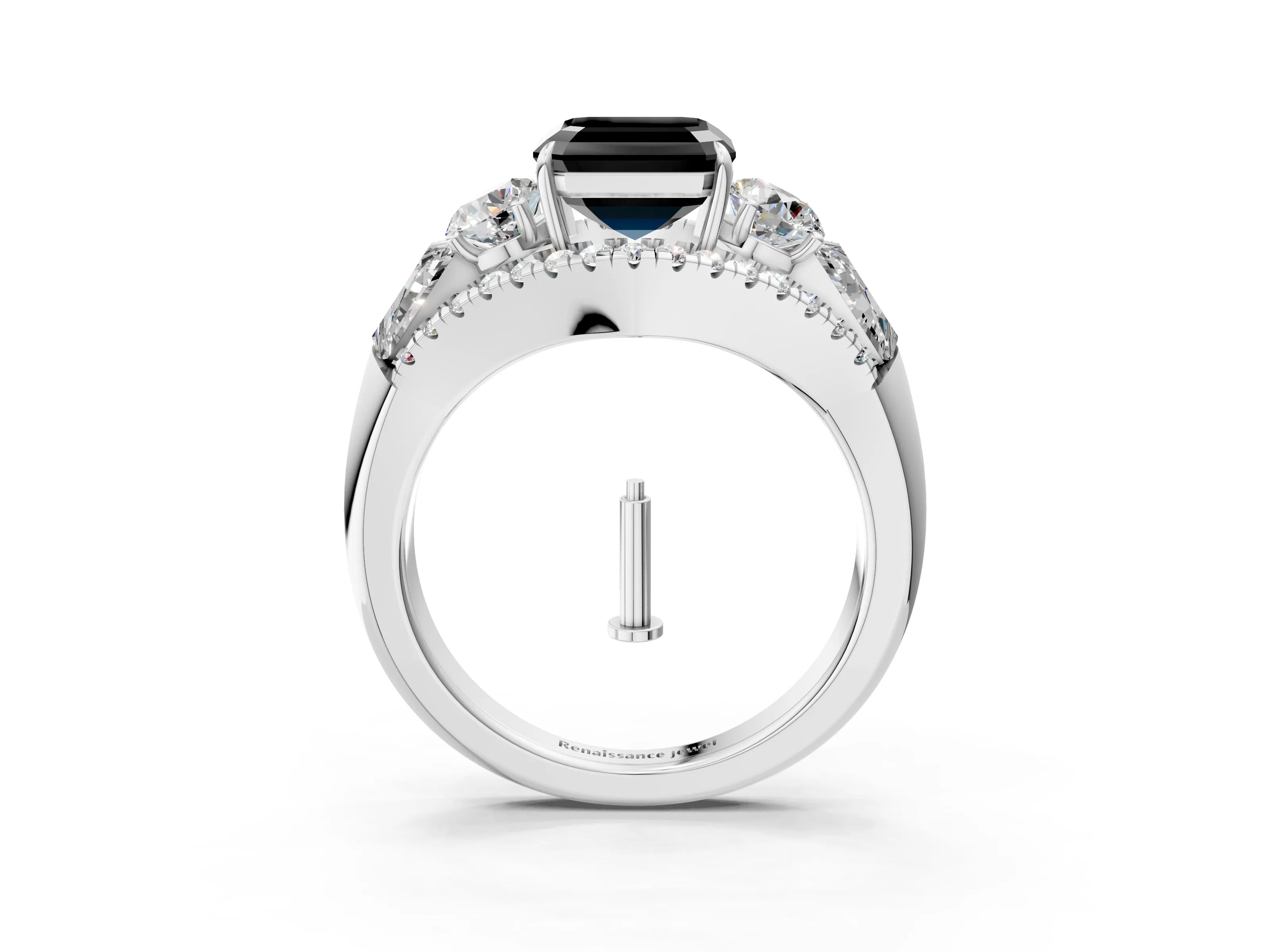 White gold Three-Stone Fancy Black Asscher Cut Diamond Engagement Ring with Pave Band and Prong Setting_15