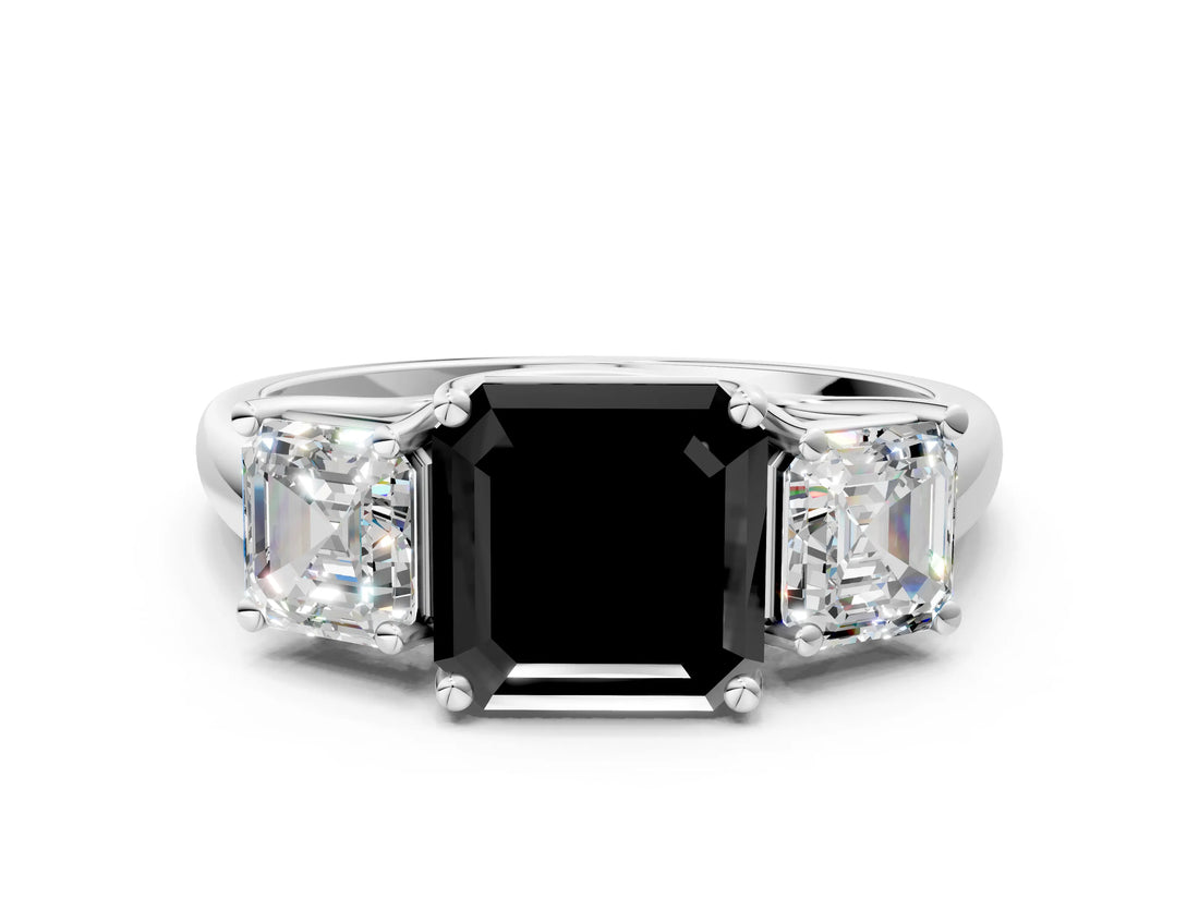 White gold Three-Stone Fancy Black Asscher Cut Diamond Engagement Ring with Prong Setting_15