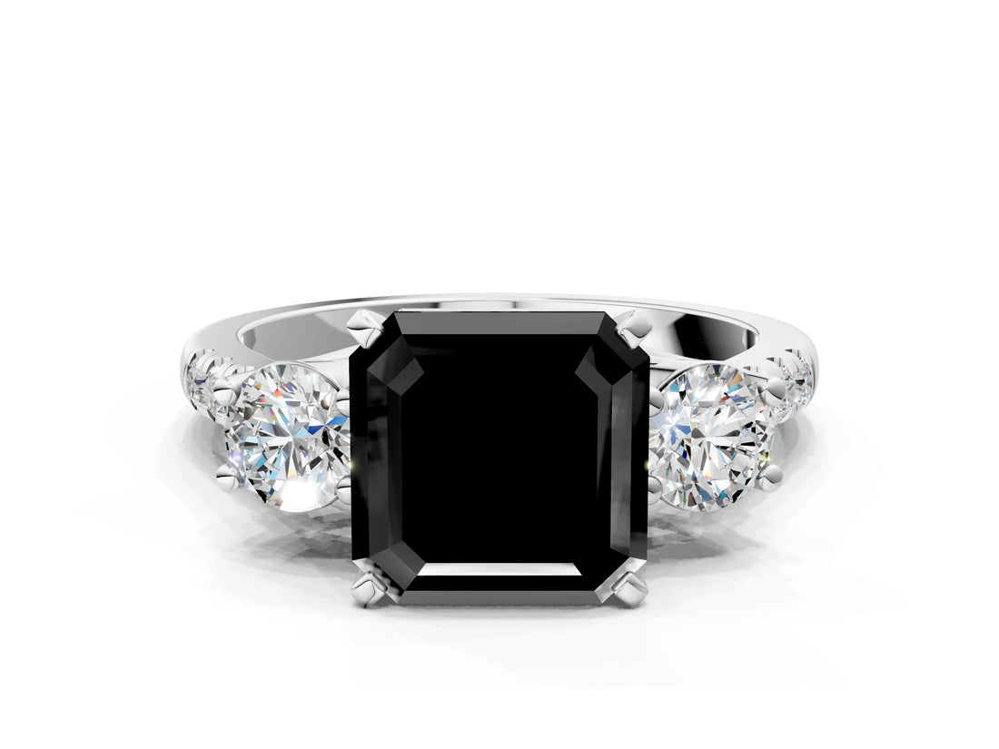 White gold Three-Stone Fancy Black Asscher Cut Diamond Pavé Band with Four-Prong Setting
