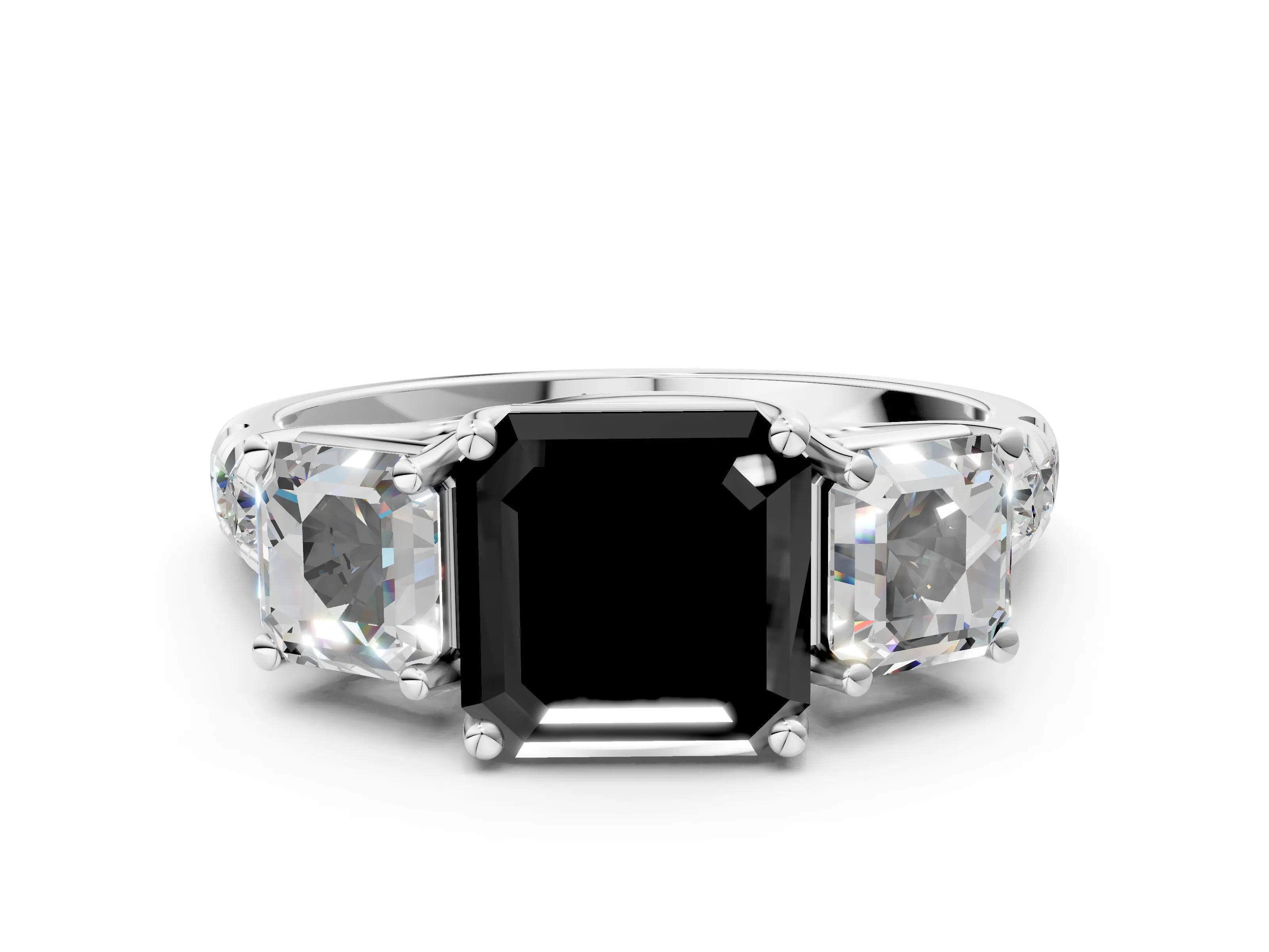 White gold Three-Stone Fancy Black Asscher Cut Diamond Pavé Band with Prong Setting