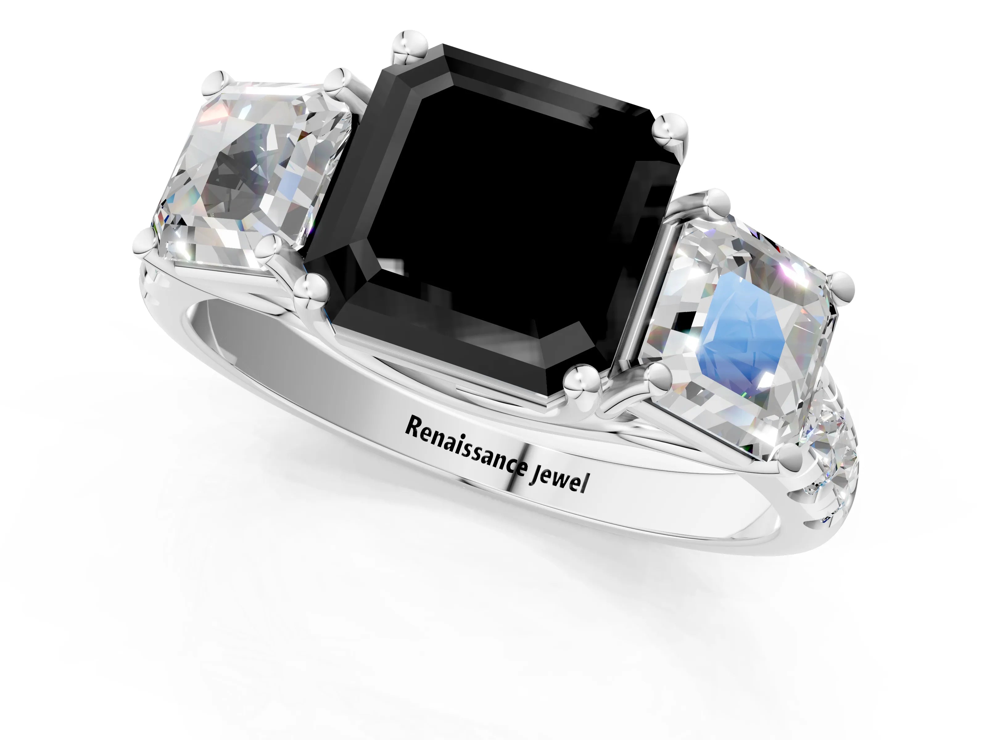 White gold Three-Stone Fancy Black Asscher Cut Diamond Pavé Band with Prong Setting_1
