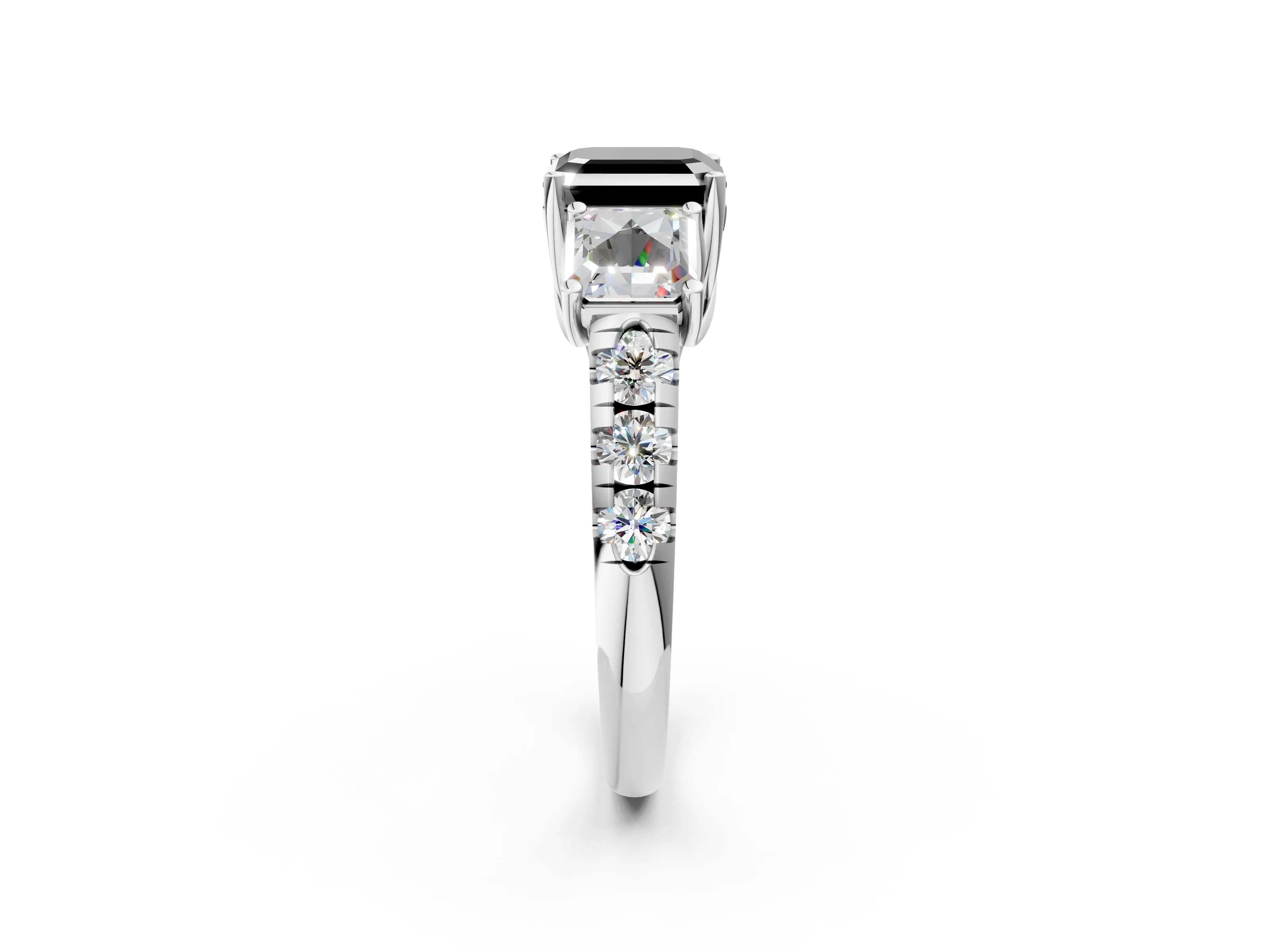 White gold Three-Stone Fancy Black Asscher Cut Diamond Pavé Band with Prong Setting_2