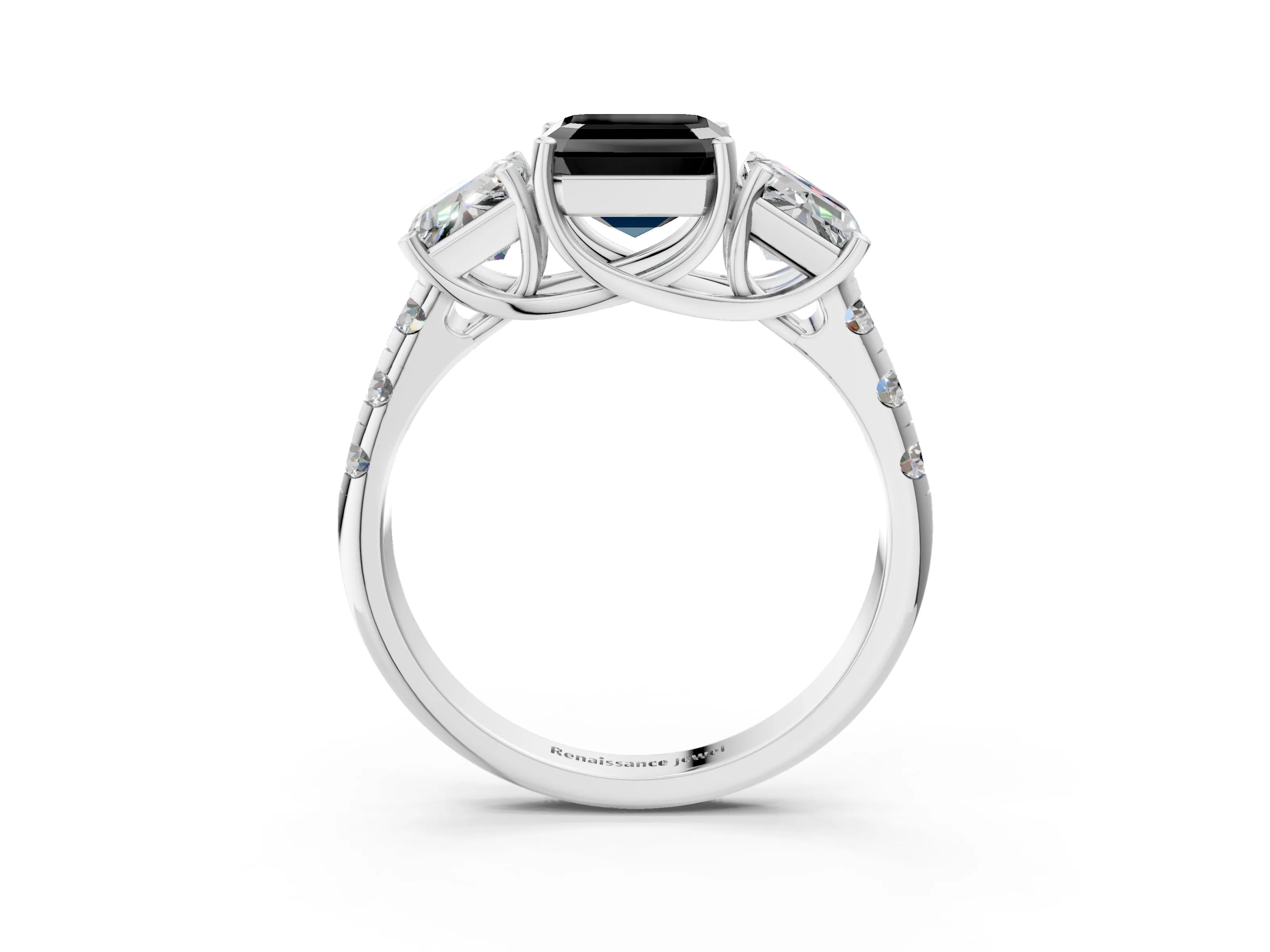 White gold Three-Stone Fancy Black Asscher Cut Diamond Pavé Band with Prong Setting_3