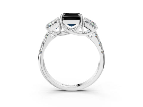 White gold Three-Stone Fancy Black Asscher Cut Diamond Pavé Band with Prong Setting_3