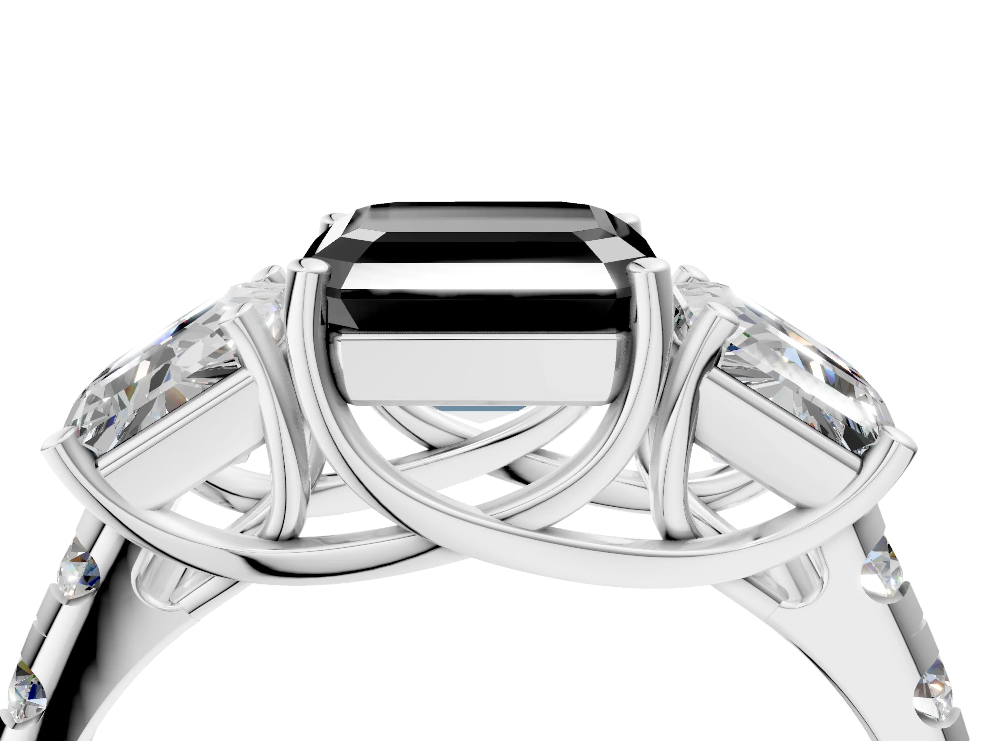 White gold Three-Stone Fancy Black Asscher Cut Diamond Pavé Band with Prong Setting_4