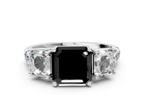 White gold Three-Stone Fancy Black Asscher Cut Diamond Pavé Band with Prong Setting