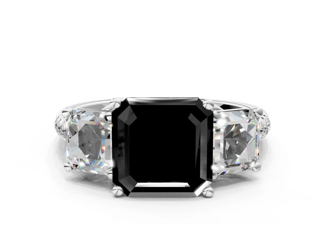 White gold Three-Stone Fancy Black Asscher Cut Diamond Ring with Pavé Band and Prong Setting_66