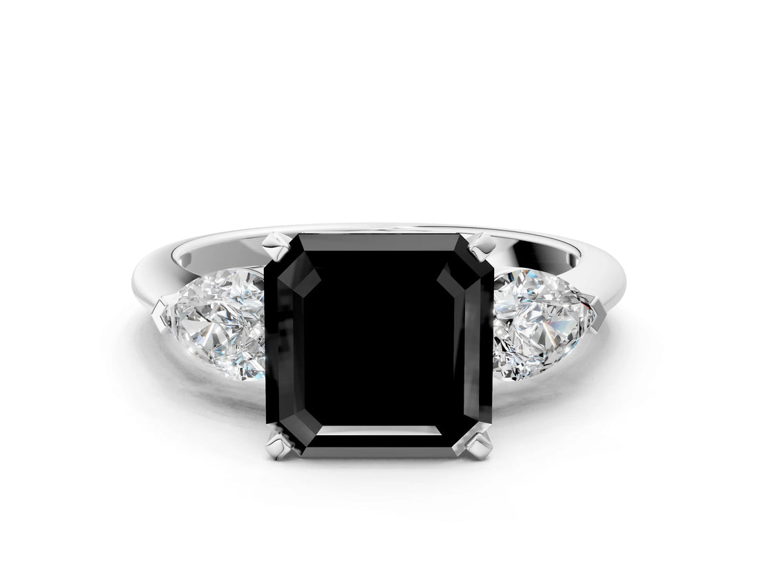 White gold Three-Stone Fancy Black Asscher Cut Diamond Ring with Pear Side Stones and Four-Prong Setting