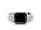 White gold Three-Stone Fancy Black Asscher Cut Diamond Ring with Pear Side Stones and Four-Prong Setting