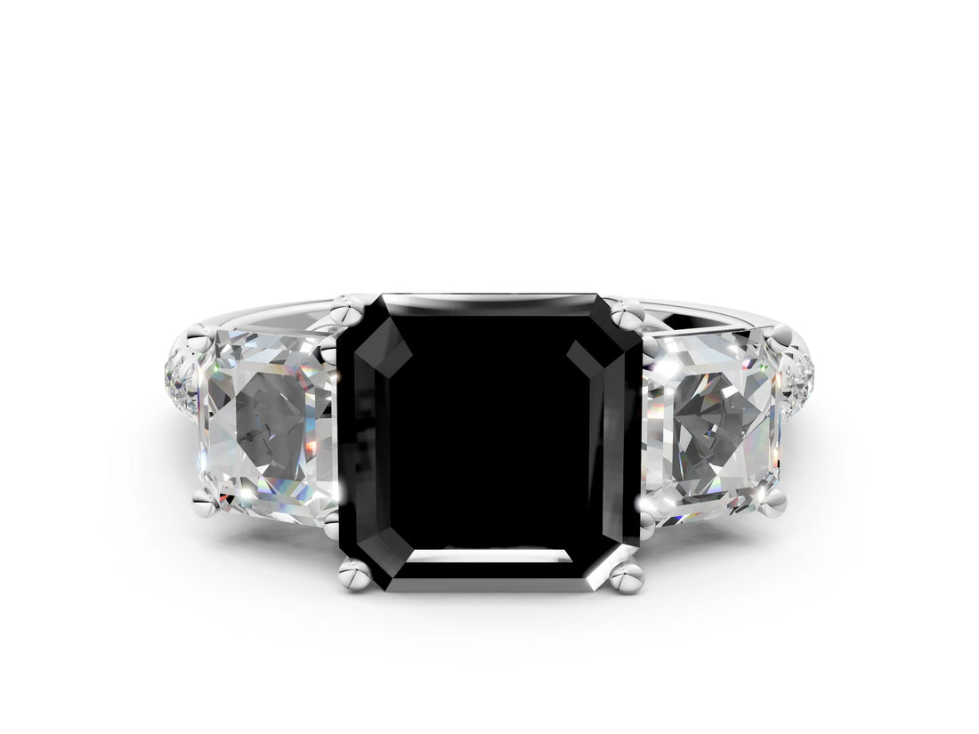 White gold Three-Stone Fancy Black Asscher Cut Diamond Ring with Round  Pavé Band and Prong Setting_48