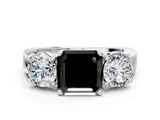 White gold Three-Stone Fancy Black Asscher Cut Diamond Ring with Round Side Stones, Classic Band, and Four-Prong Setting