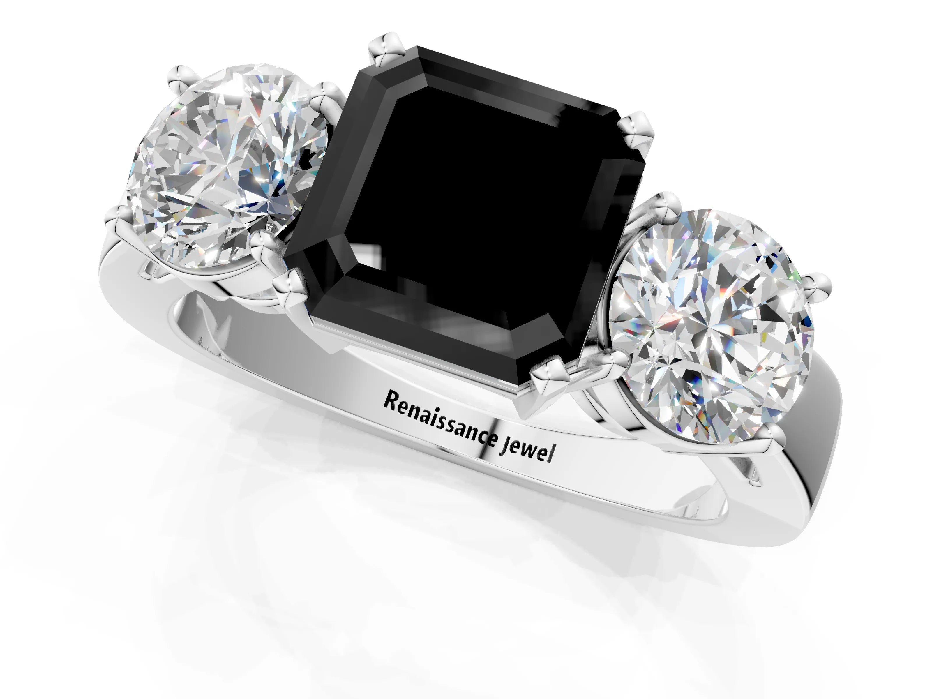 White gold Three-Stone Fancy Black Asscher Cut Diamond Ring with Round Side Stones, Classic Band, and Four-Prong Setting_1