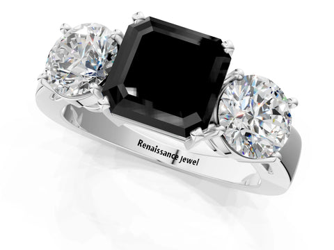 White gold Three-Stone Fancy Black Asscher Cut Diamond Ring with Round Side Stones, Classic Band, and Four-Prong Setting_1
