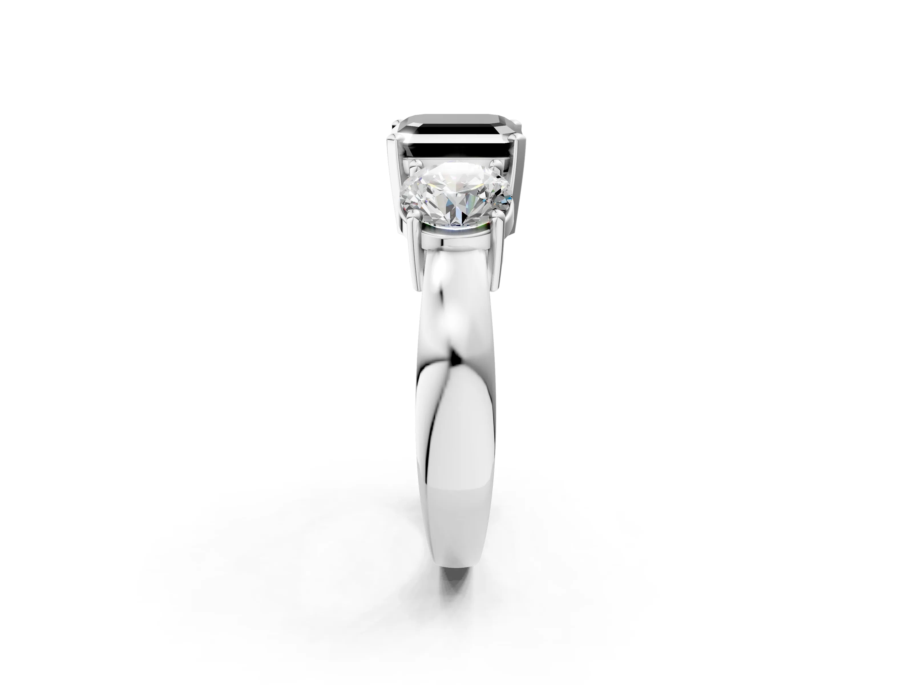 White gold Three-Stone Fancy Black Asscher Cut Diamond Ring with Round Side Stones, Classic Band, and Four-Prong Setting_2