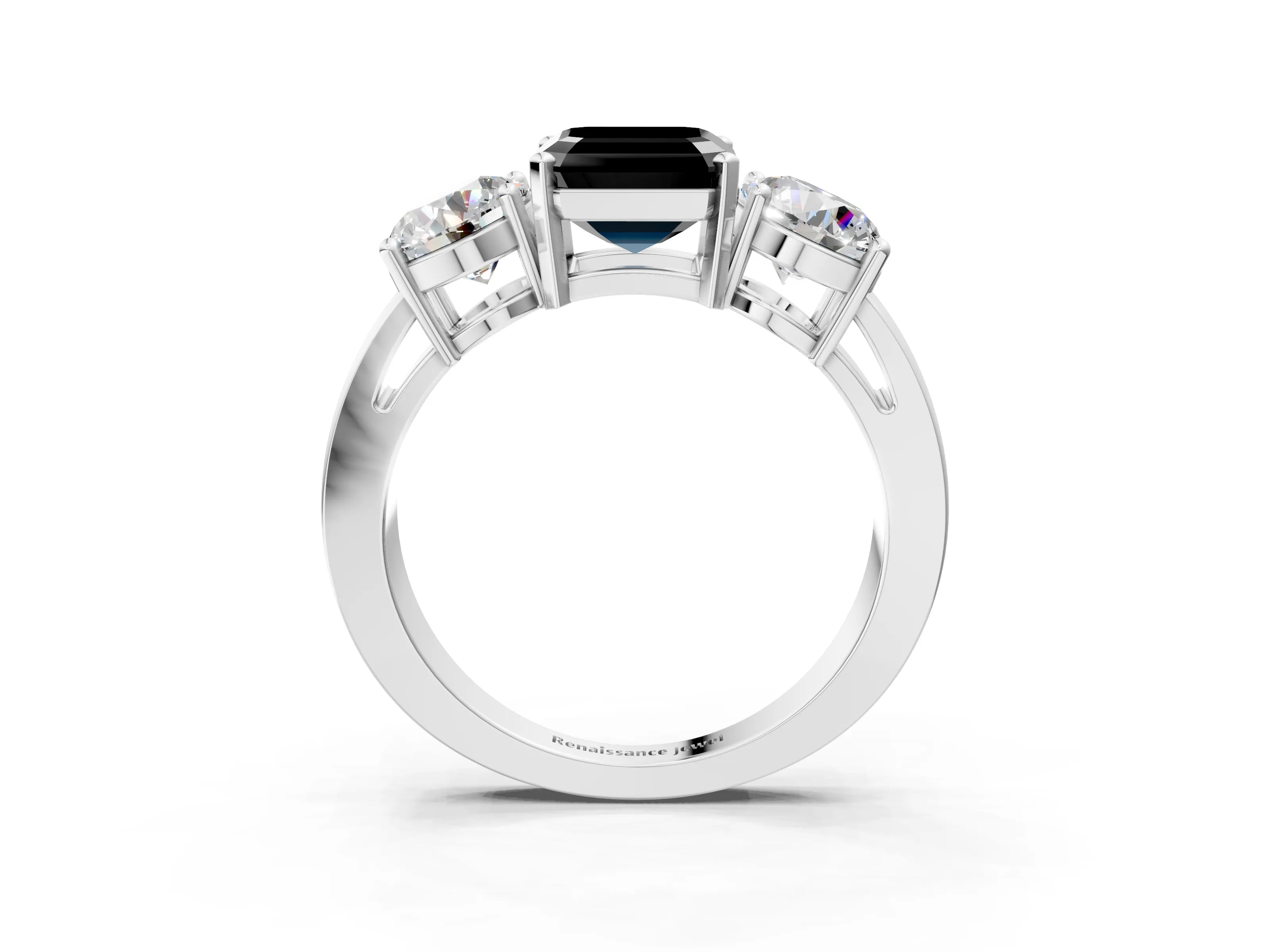 White gold Three-Stone Fancy Black Asscher Cut Diamond Ring with Round Side Stones, Classic Band, and Four-Prong Setting_3