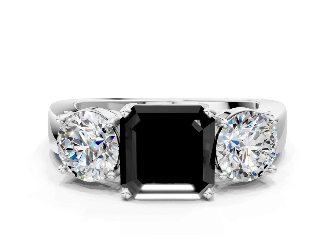 White gold Three-Stone Fancy Black Asscher Cut Diamond Ring with Round Side Stones, Classic Band, and Four-Prong Setting