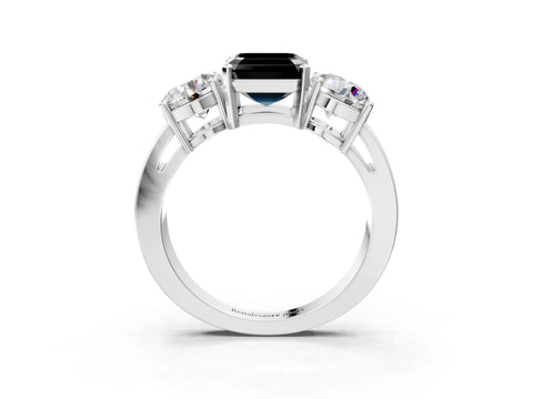 White gold Three-Stone Fancy Black Asscher Cut Diamond Ring with Round Side Stones, Classic Band, and Four-Prong Setting_3