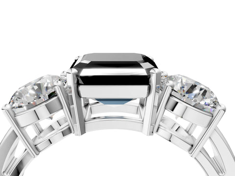 White gold Three-Stone Fancy Black Asscher Cut Diamond Ring with Round Side Stones, Classic Band, and Four-Prong Setting_4