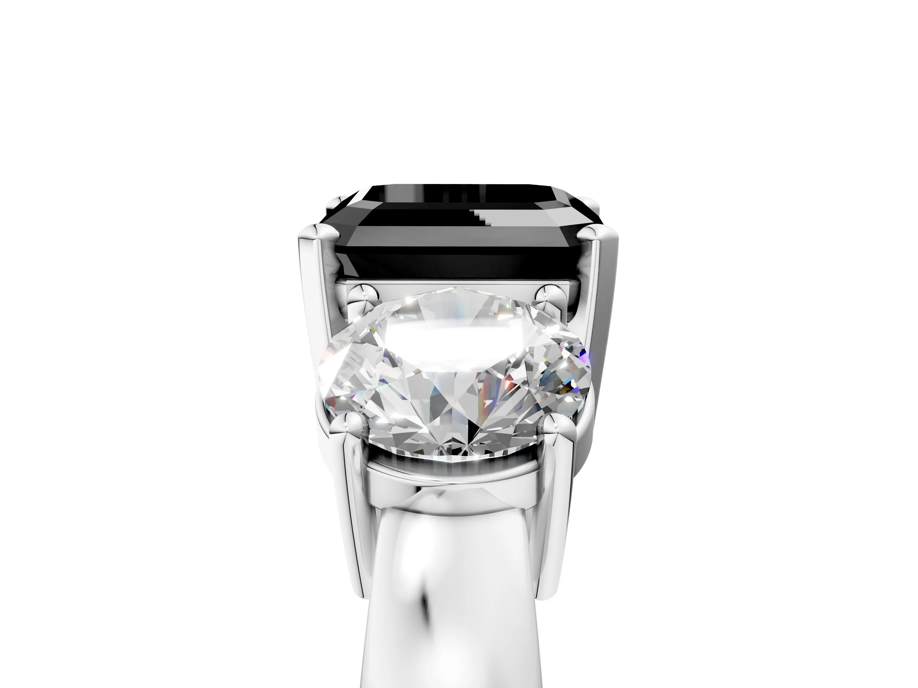 White gold Three-Stone Fancy Black Asscher Cut Diamond Ring with Round Side Stones, Classic Band, and Four-Prong Setting_5