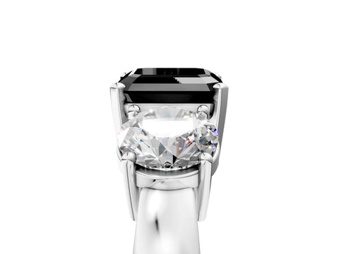 White gold Three-Stone Fancy Black Asscher Cut Diamond Ring with Round Side Stones, Classic Band, and Four-Prong Setting_5