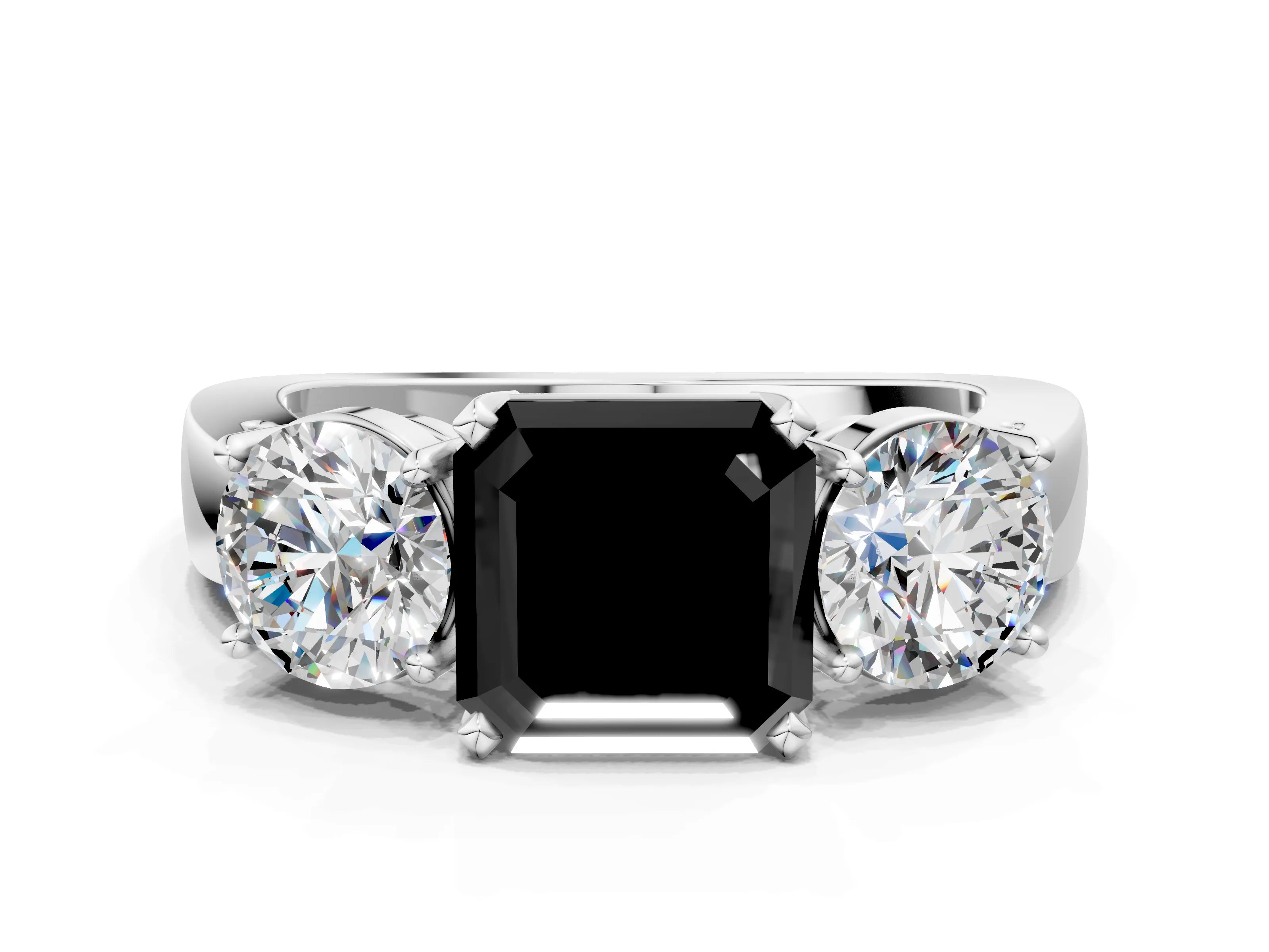 White gold Three-Stone Fancy Black Asscher Cut Diamond Ring with Round Side Stones, Classic Band, and Four-Prong Setting