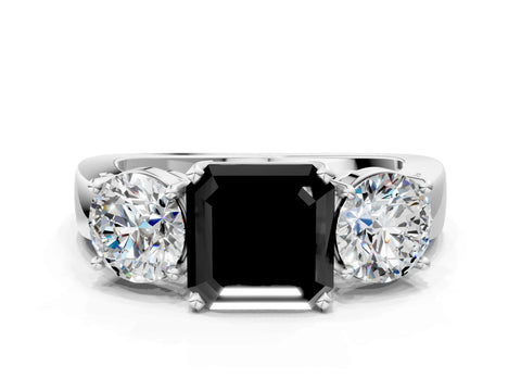 White gold Three-Stone Fancy Black Asscher Cut Diamond Ring with Round Side Stones, Classic Band, and Four-Prong Setting
