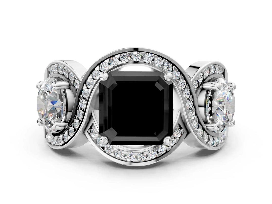 White gold Three-Stone Fancy Black Asscher Cut Diamond Wave Pave Band with Prong Setting