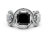 White gold Three-Stone Fancy Black Asscher Cut Diamond Wave Pave Band with Prong Setting