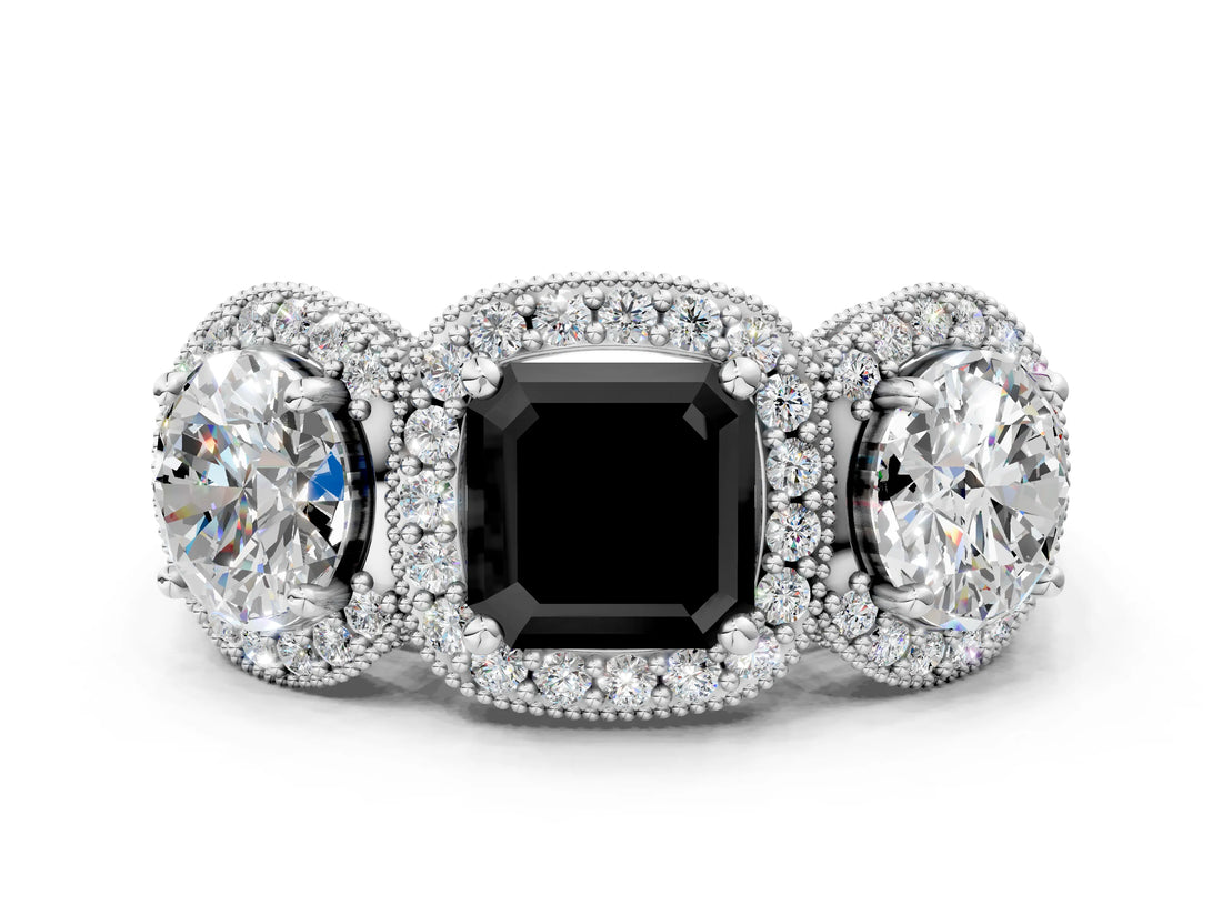 White gold Three-Stone Fancy Black Asscher Cut Halo Diamond Milgrain Band with Four-Prong Setting