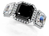 White gold Three-Stone Fancy Black Asscher Cut Halo Diamond Ring with Pave Band and Four-Prong Setting_1