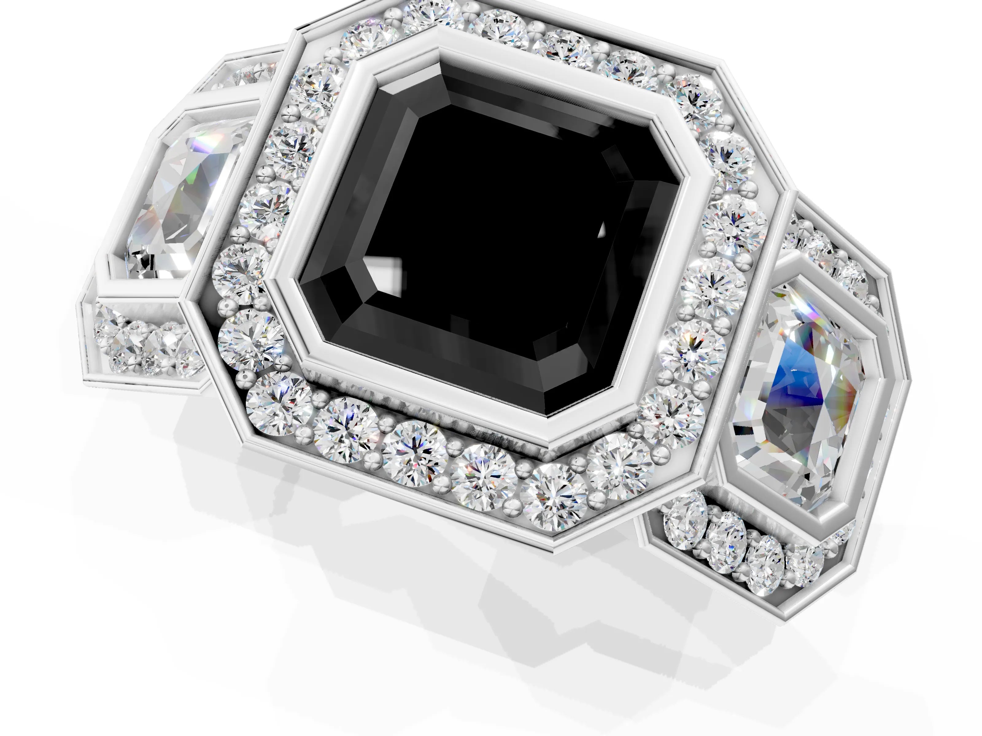 White gold Three-Stone Fancy Black Asscher Cut Halo Pavé Diamond Ring_1