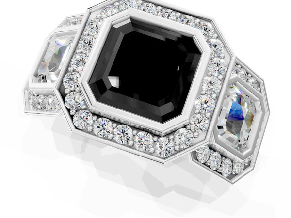 Platinum Asscher Cut Bezel Three Stone Halo Engagement Ring Setting for Black Center
