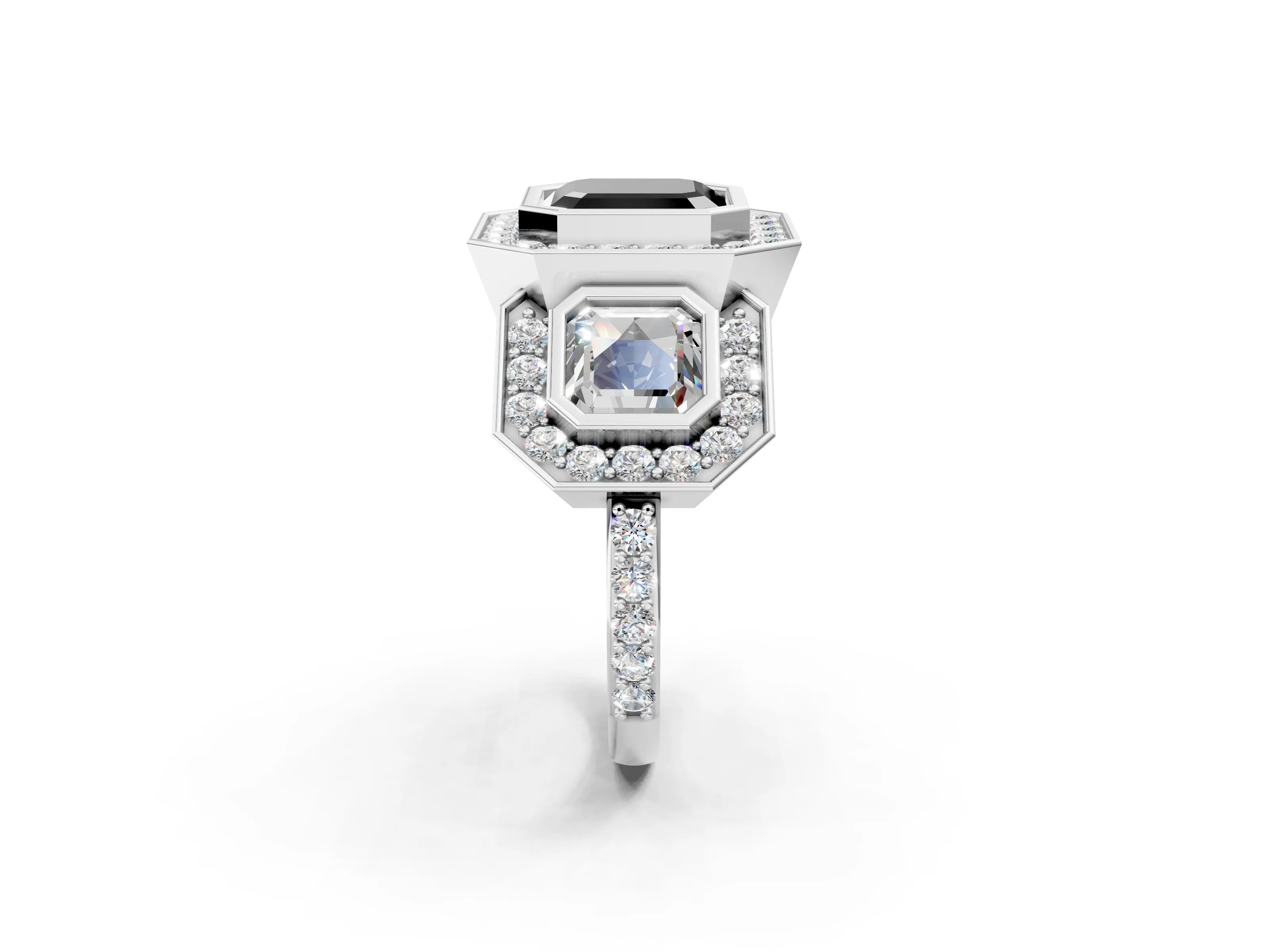 White gold Three-Stone Fancy Black Asscher Cut Halo Pavé Diamond Ring_2