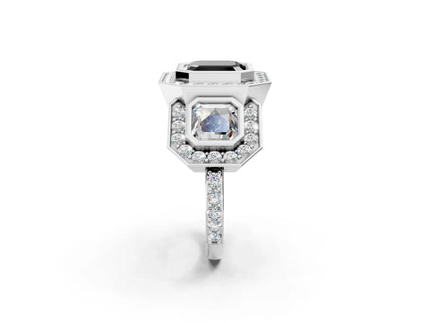 White gold Three-Stone Fancy Black Asscher Cut Halo Pavé Diamond Ring_2