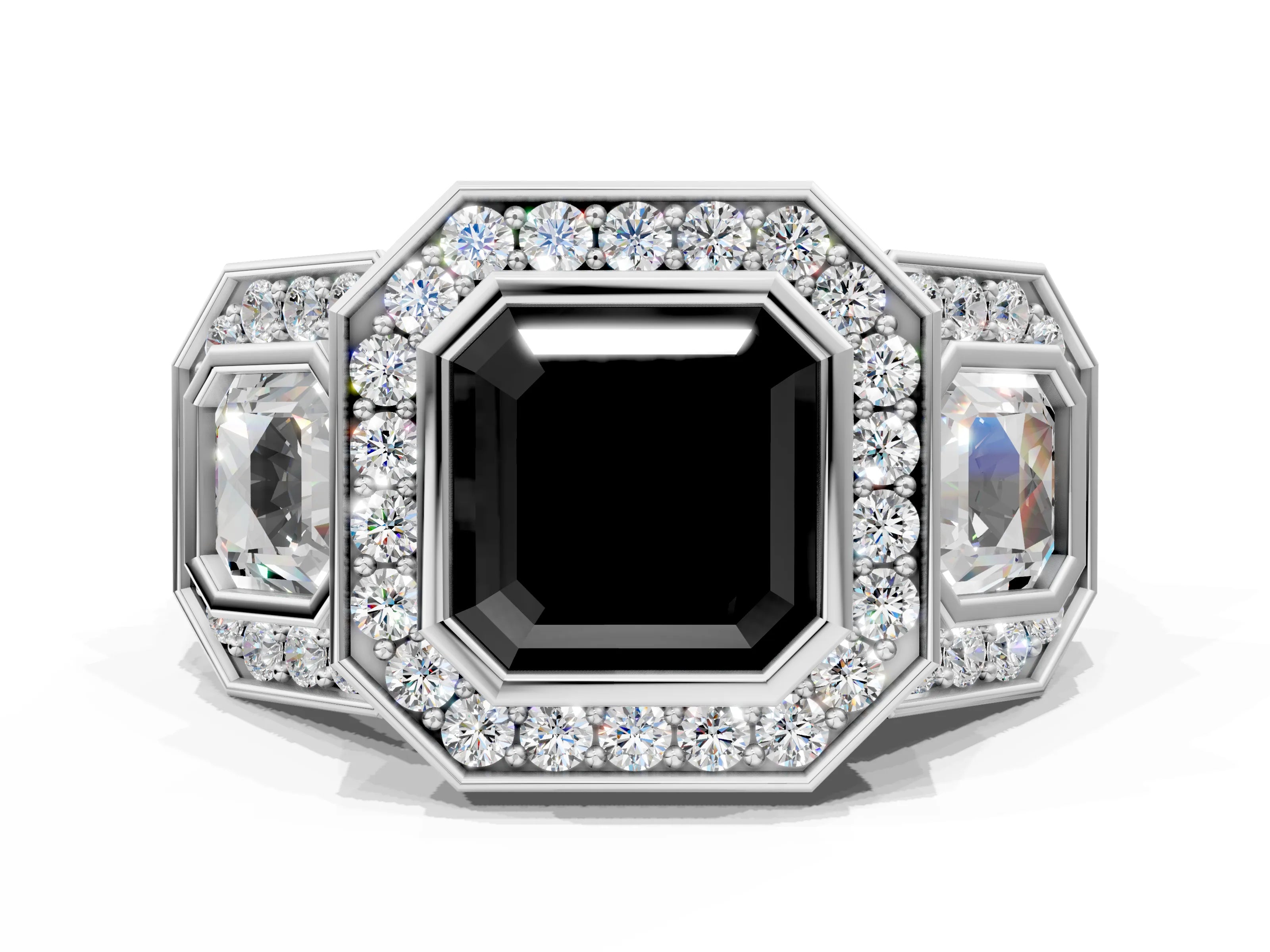 White gold Three-Stone Fancy Black Asscher Cut Halo Pavé Diamond Ring